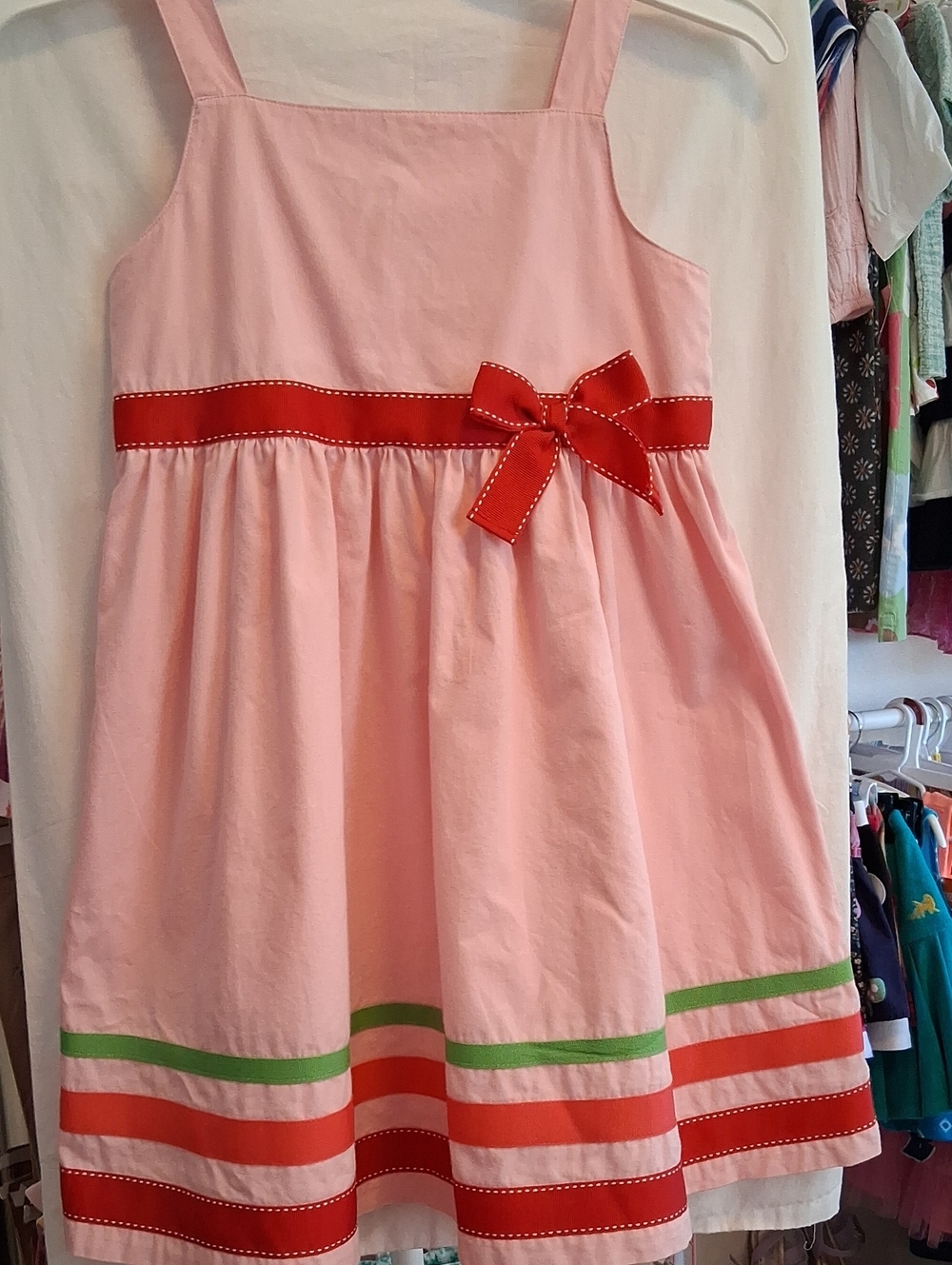 Gymboree Pink Dress with Red Bow and Green Stripe